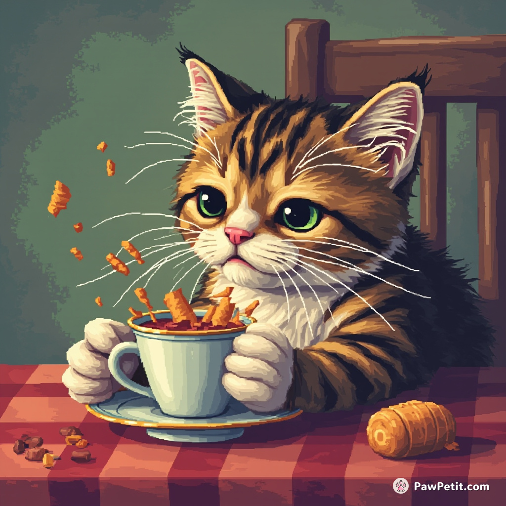 The cat frenziedly stirred invisible tea in a tiny cup, its absurd concentration expressed by twitching whiskers.
