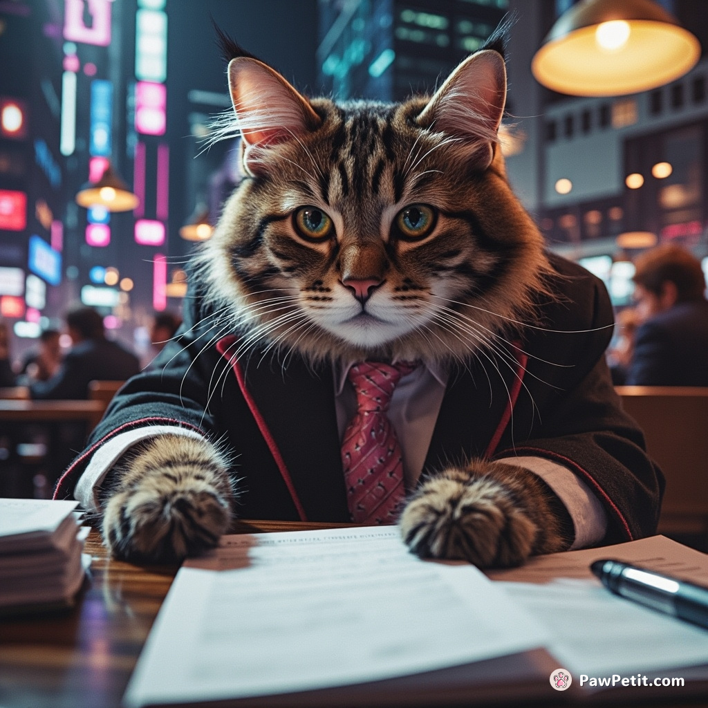 Feline overlord, "Mr. Whiskers", acing financial documents, smugly swats pen off table anticipating dominion over Wall Street.