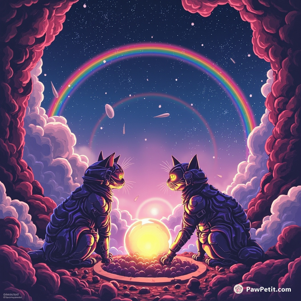 Cyborg cats analyzing a mythical lint ball shrine under neon rainbows during a meteoroid shower.