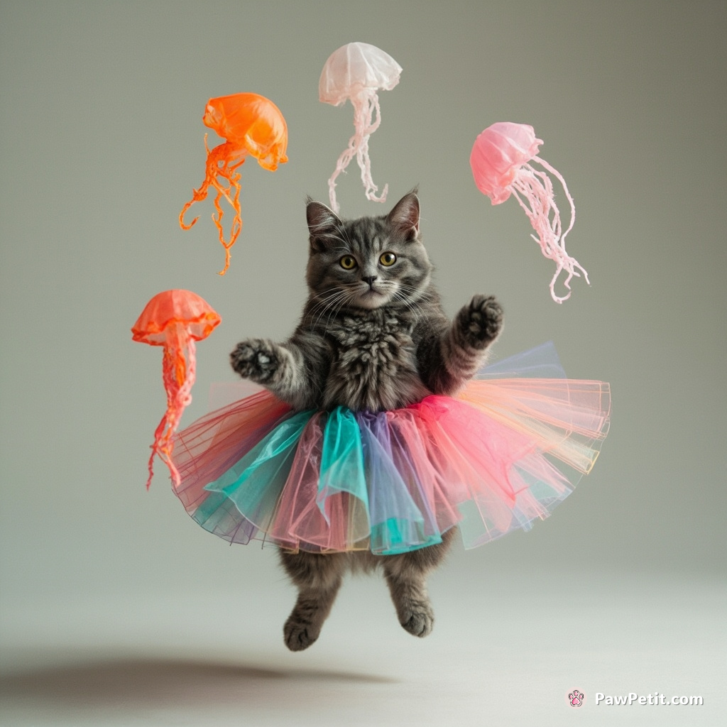 A smoke grey cat juggling neon-colored jellyfish in zero gravity, whilst wearing a tutu made from recycled candy wrappers.