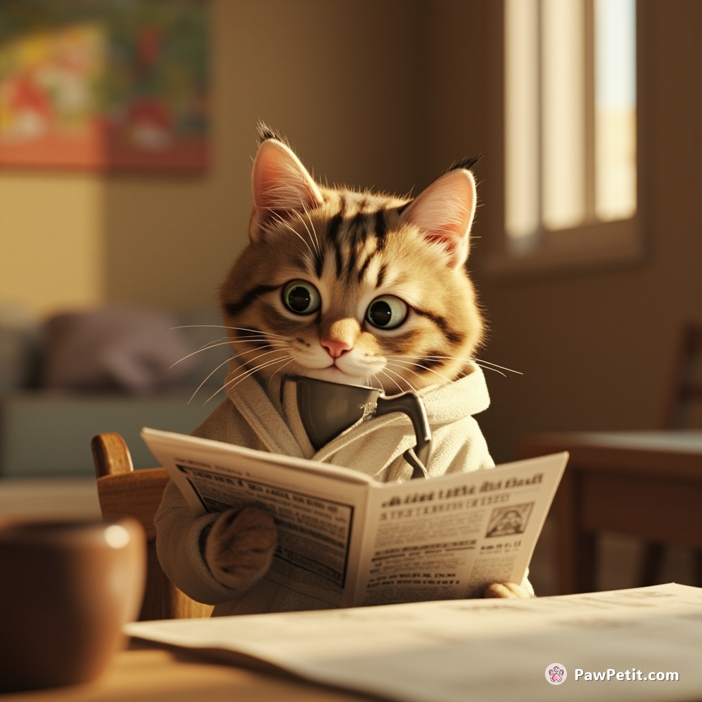 A cat dons a tiny bathrobe, diligently sipping imaginary coffee while reading a newspaper upside down.