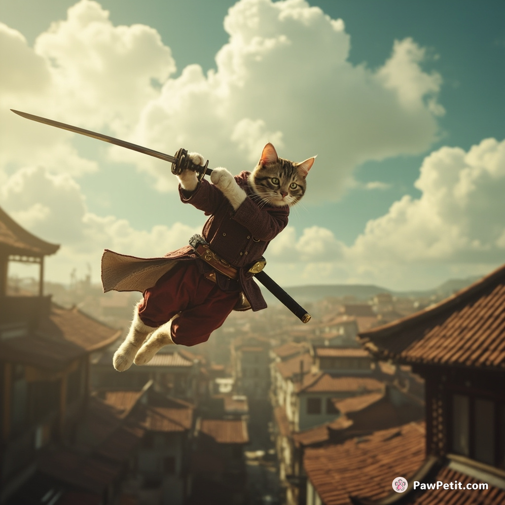 A cat, mistaken for a legendary swordsman, wins fame by nimbly leaping between rooftops.