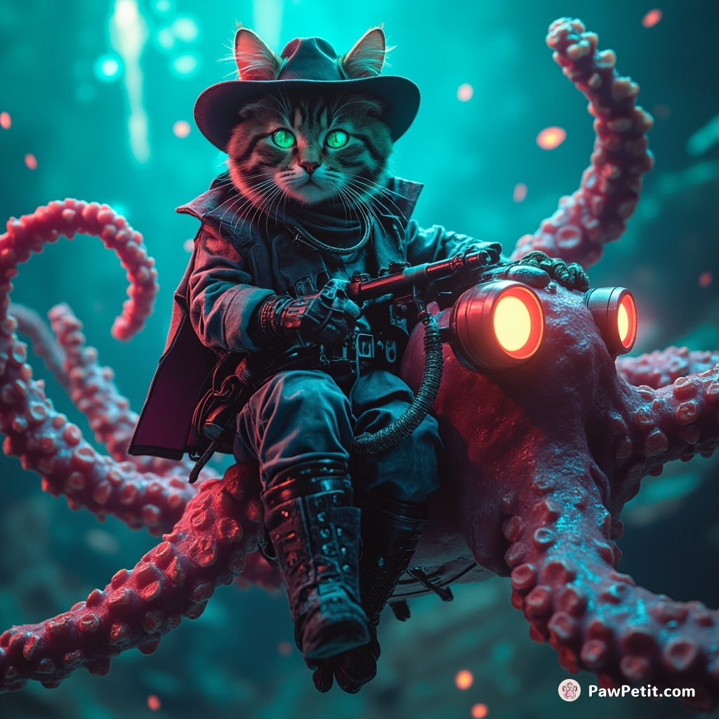 Cybernetic cowboy cat riding a mechanical octopus in an underwater Wild West showdown.