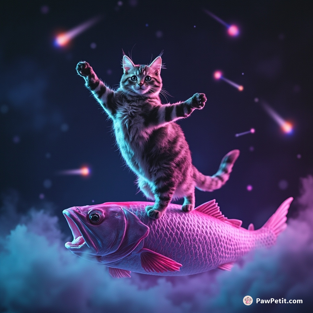 A cat standing upright like a ballet dancer, balancing on a giant floating fish in outer space with comets swirling around.