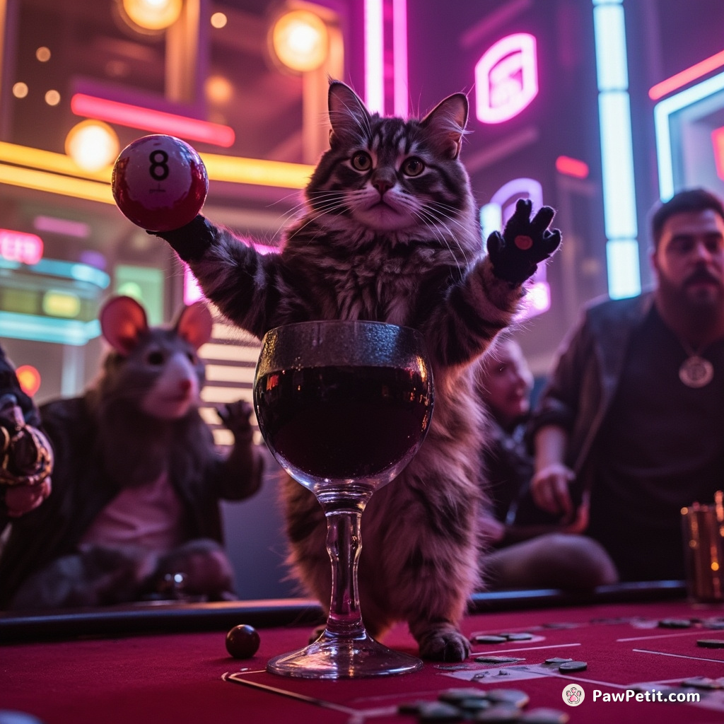 Cat vigorously shaking a magic eight ball in a casino run by medieval mice while balancing on an oversized champagne glass.
