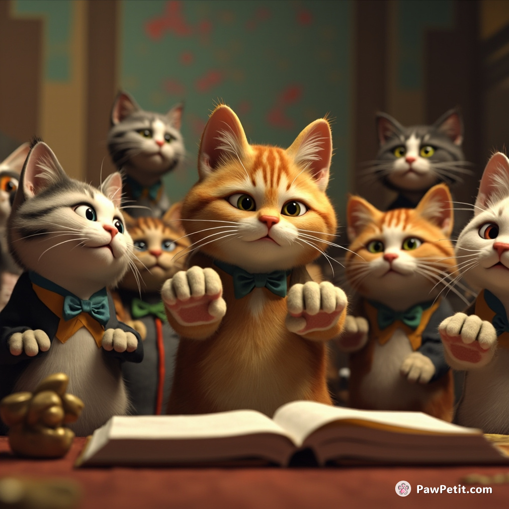 In a disorderly future, cats convene in parliament, voting on human laws with decisive paw taps.