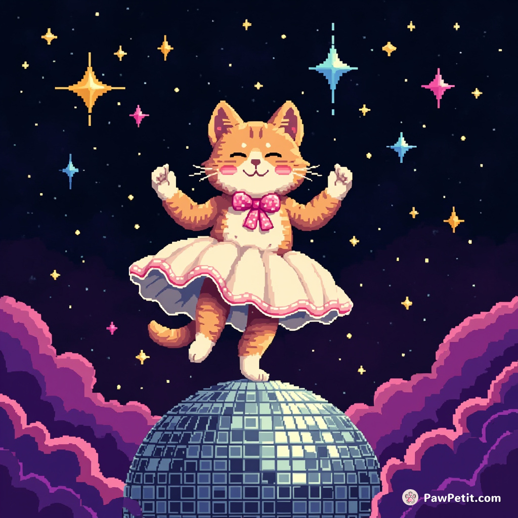 A cat doing a pirouette on top of a disco ball floating in space, sneezing stars.