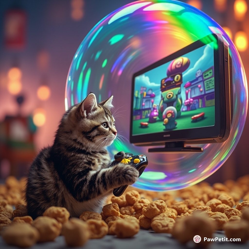 Cat playing video games on a giant floating television and using cheese puffs as gamepads inside an upside down rainbow bubble.
