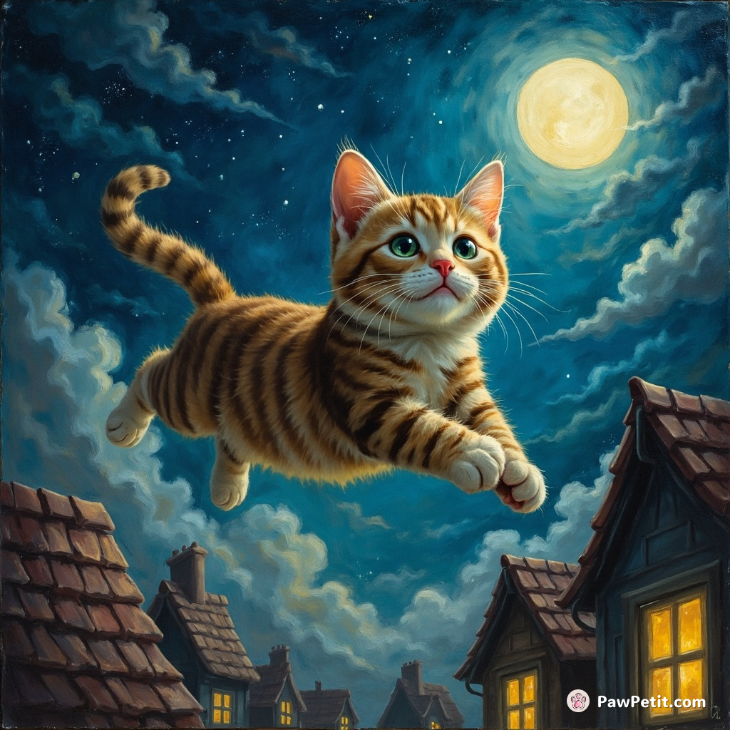 The daring cat leaps across rooftops, chasing the elusive glow of the enchanted moonstone.