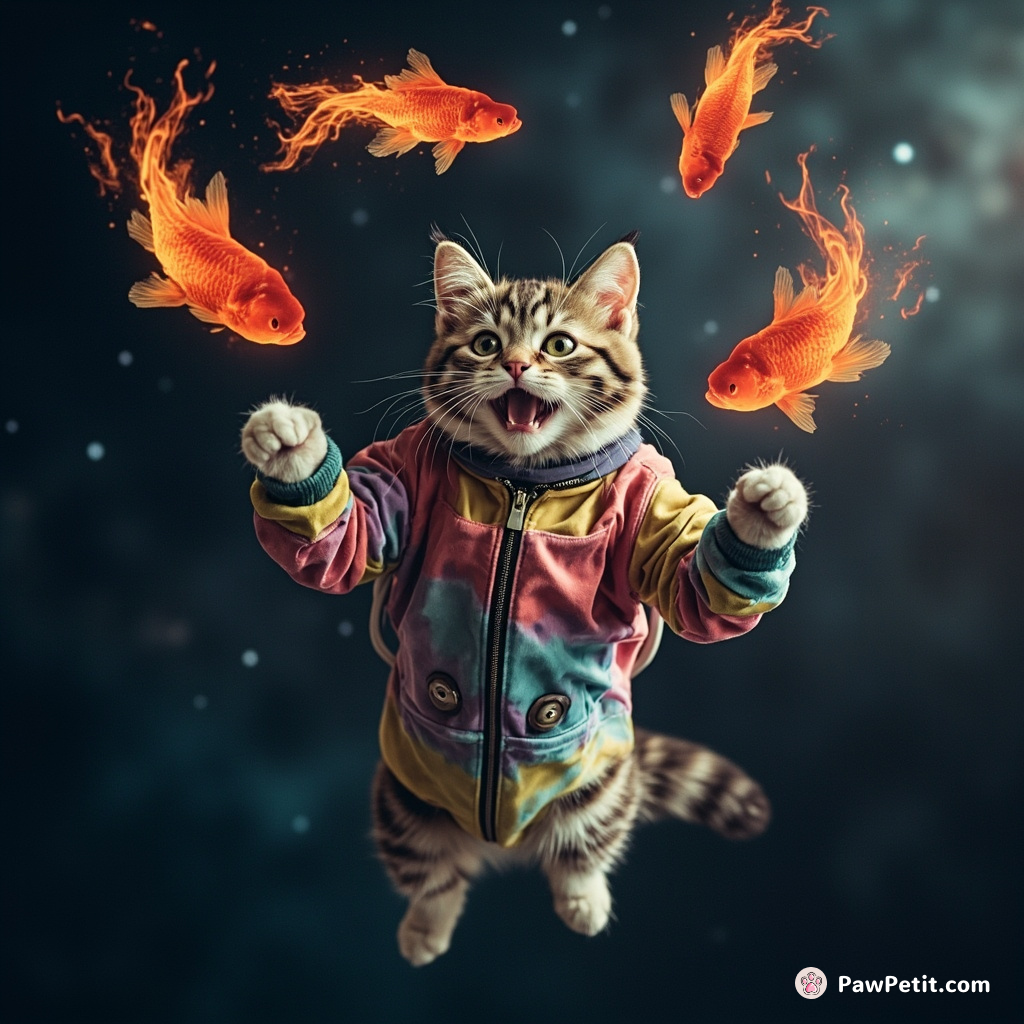 A gravity-defying cat, juggling flaming fish in space, wearing tie-dye galaxy spacesuit.