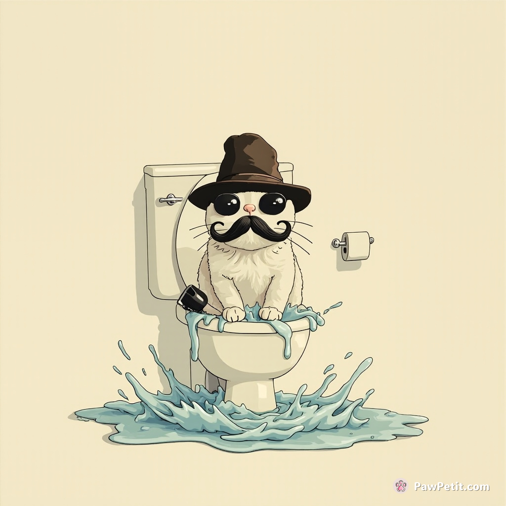 Cat, wearing fake mustache and hat, flushes toilet causing flood; Skype interview in next room turns into water-park spectacle.