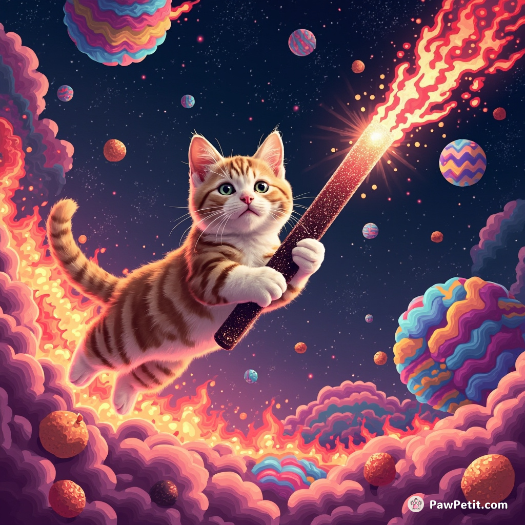 A cat conquering fiery comets with a glittering sushi sword in an intergalactic candy landscape.