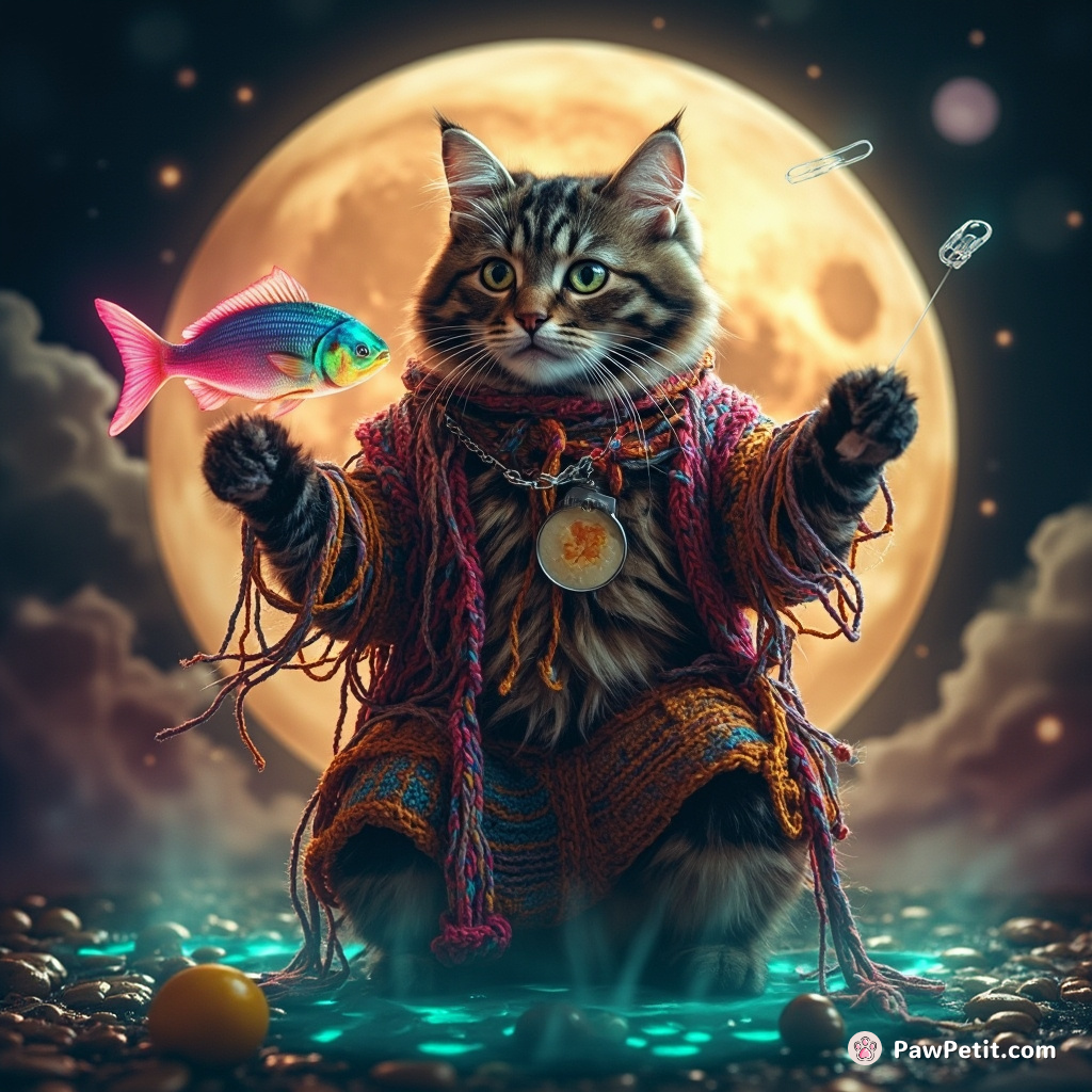 Cat dressed as a psychedelic shaman, levitating neon tuna fish over a bubbling cheese moon with knitting needles.