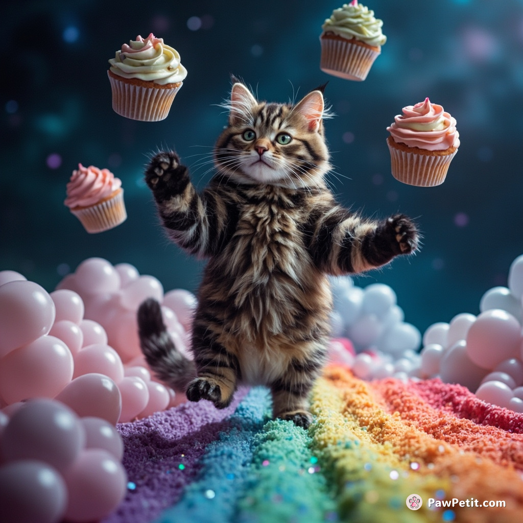 Cat doing a moonwalk on stardust-filled rainbows in the cosmic ocean, juggling alien cupcakes.