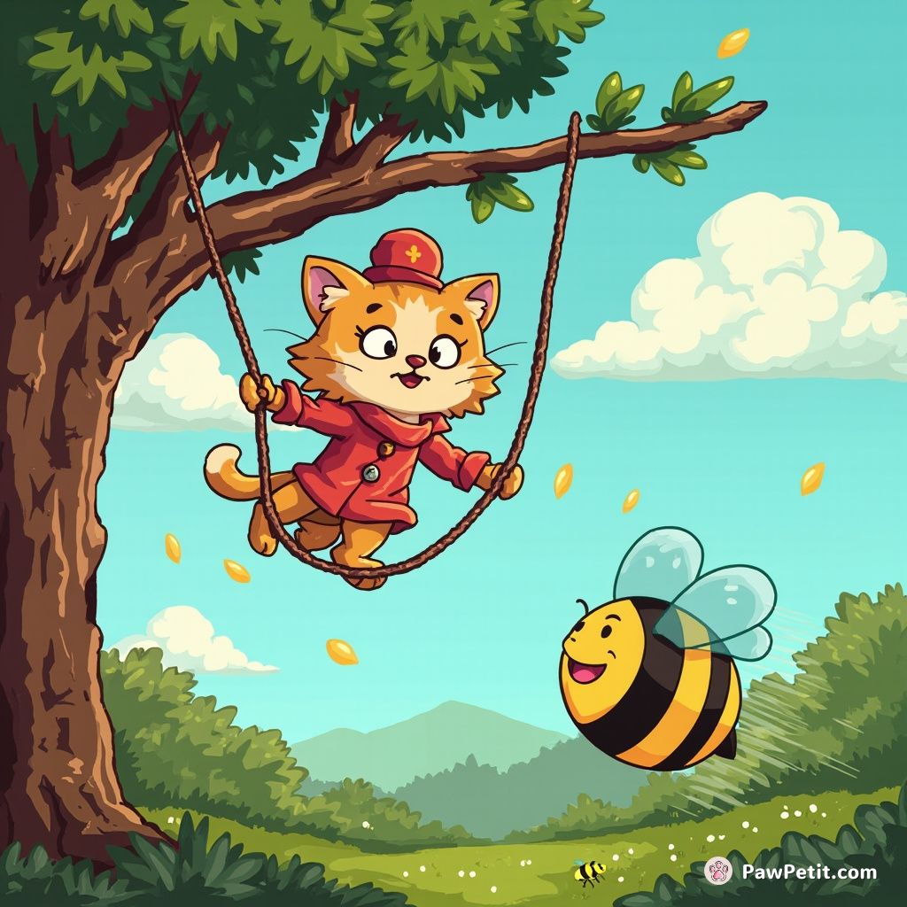 Cat uses tree branches as trapeze, swiping at bee's nest, gets chased in comedic, speedy "Marathon of the Bumblebees".