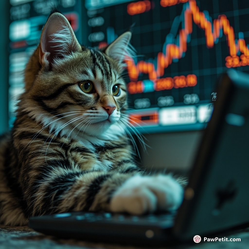Cats manipulate stock market using paw-controlled devices, causing significant global economic fluctuations.