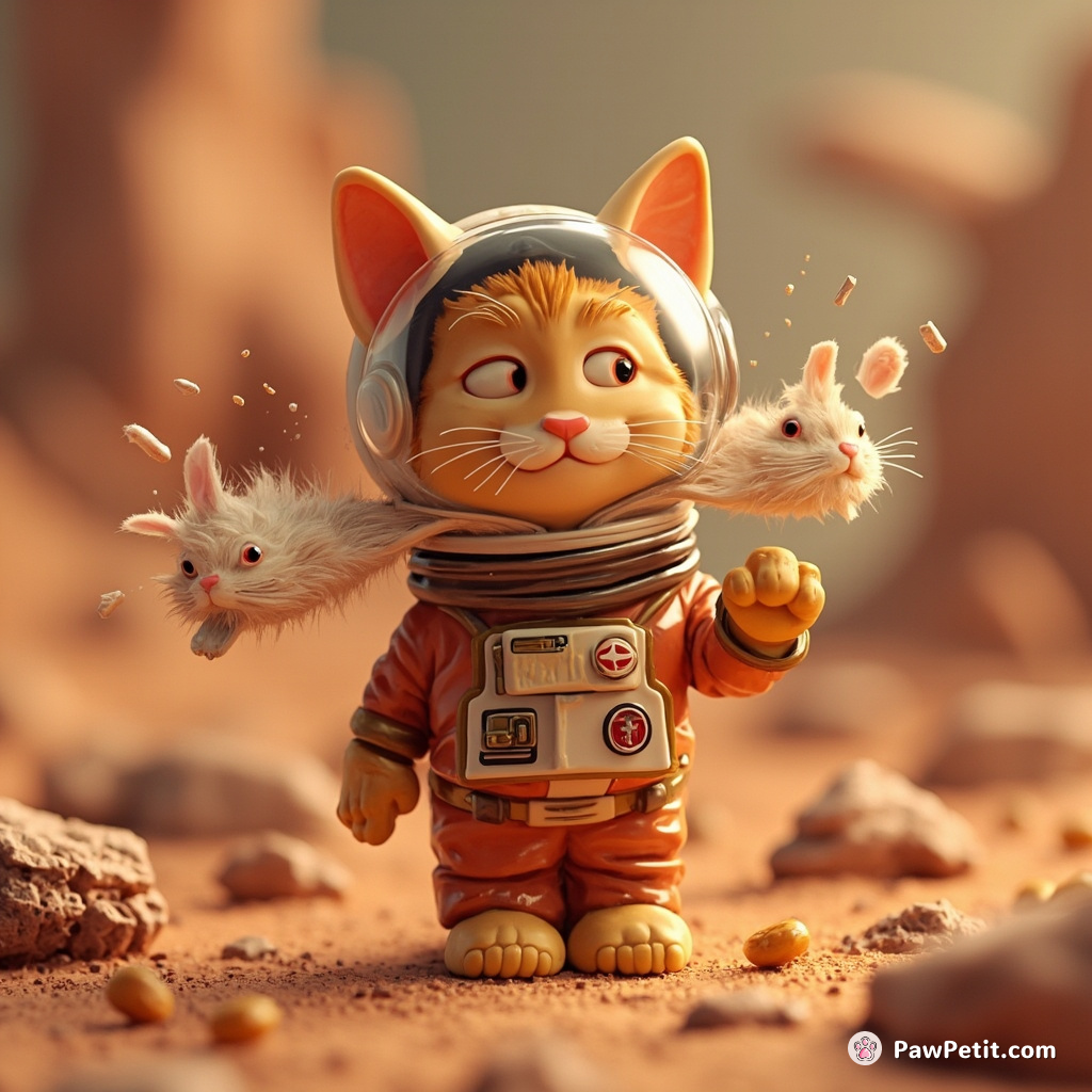 A Cleopatra-like orange tabby irregularly wielding an astronaut's uniform amidst a Mars-like terrain spewing grumpy Angora rabbits from its mouth.