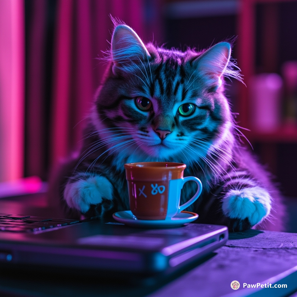 Fluffy the cat "sips" tea, paws waving, knocking over the laptop, demanding a raise in "catnip allowance.