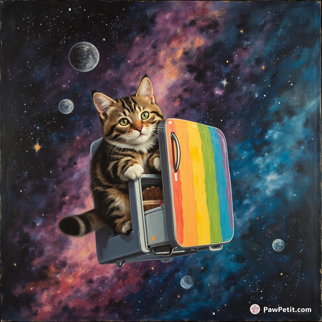Cat raiding a tiny rainbow-coated refrigerator in space.
