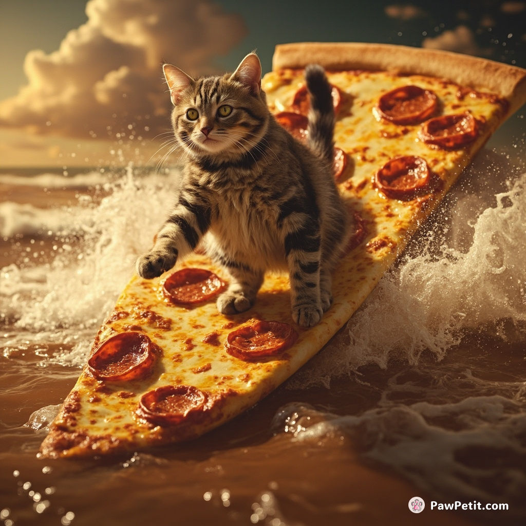 Cat surfing on a giant pizza slice over an ocean of root beer.