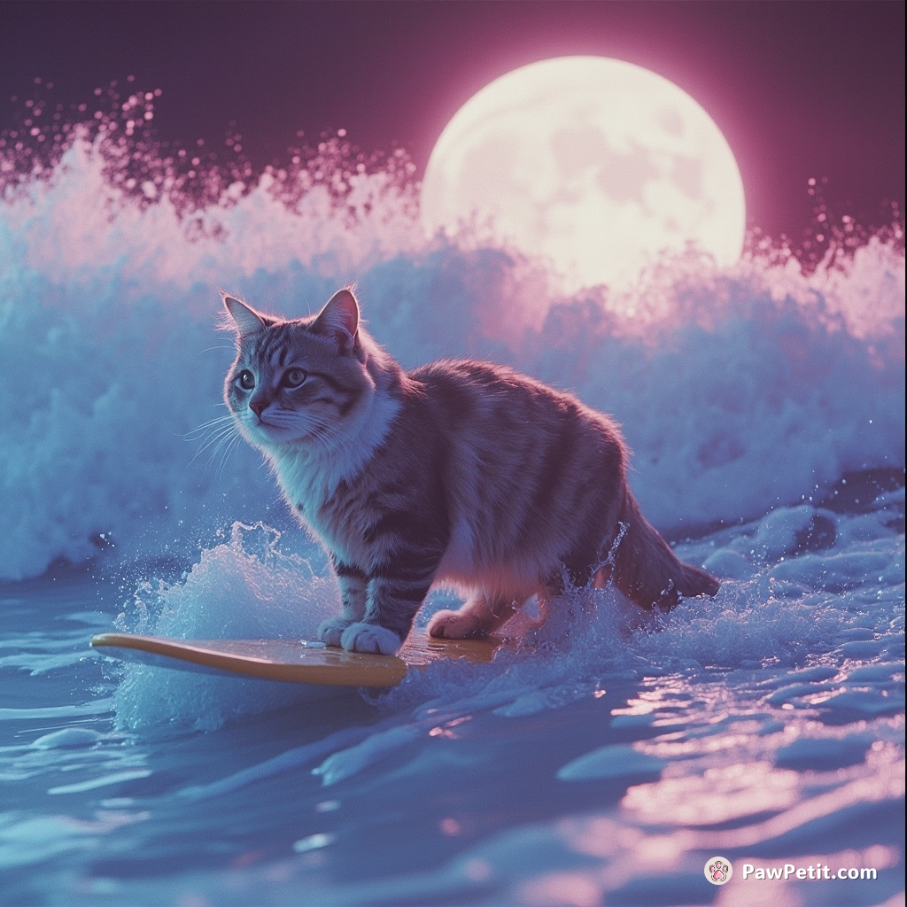 A wet furred cat surfing on a huge milk wave amidst a cheesy moonlit background.