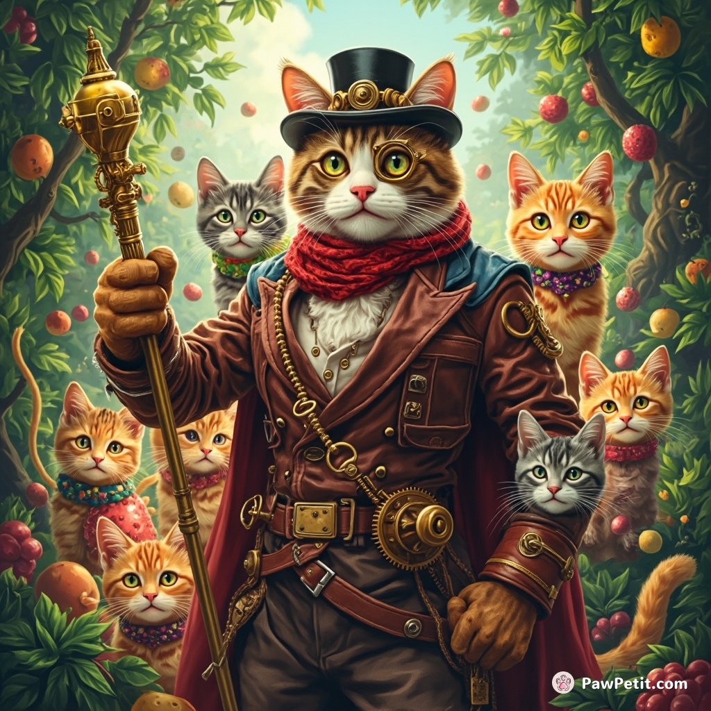 Steampunk cat leader rallying a colorful consortium of fruit-hybrid cats for a lush jungle parade.