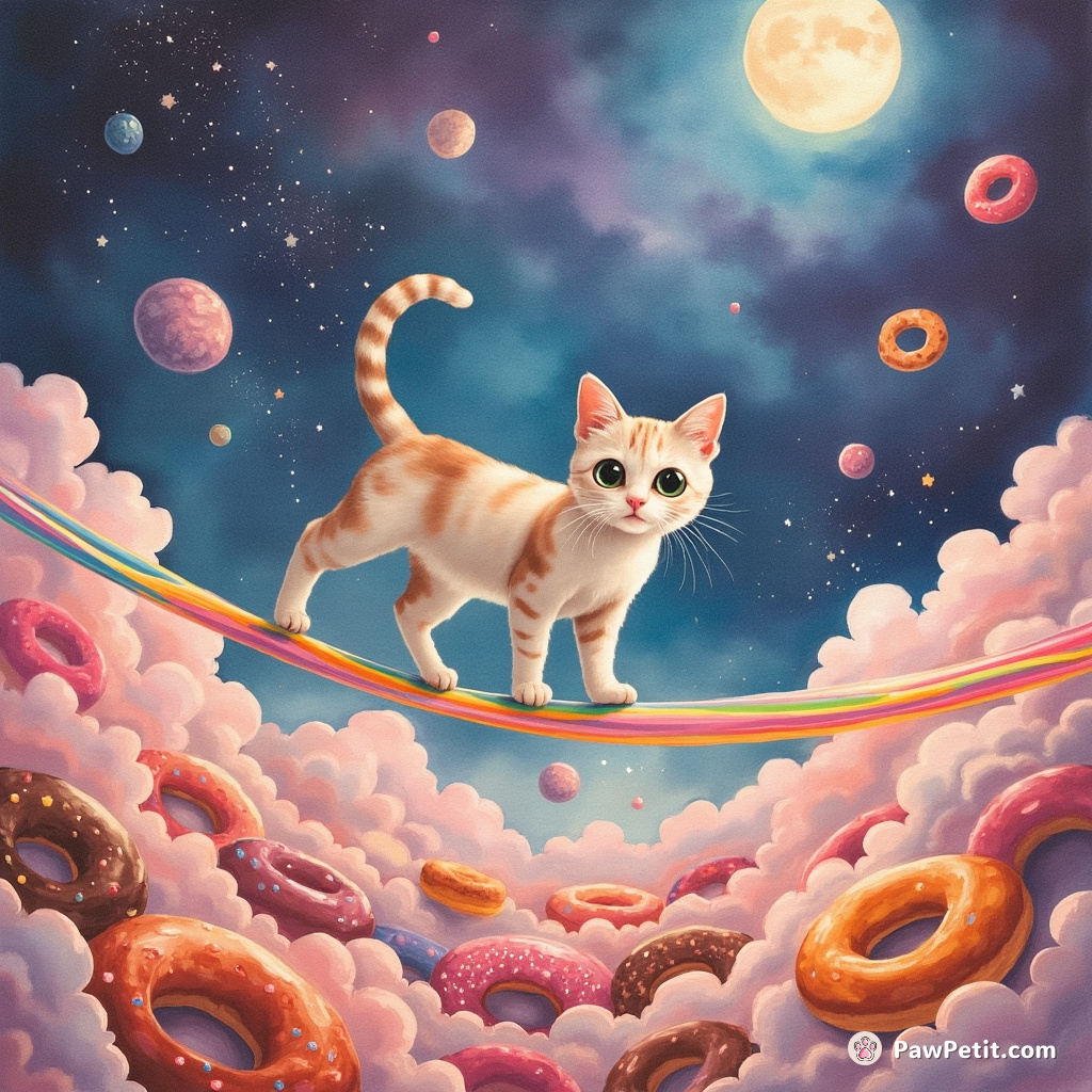A three-eyed cat delicately balancing on a rainbow silk tightrope above an abyss of cosmic donuts.