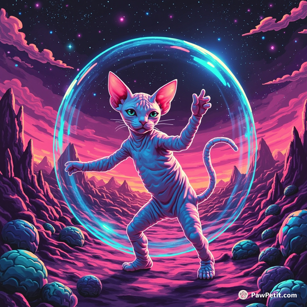 A neon sphynx cat breakdancing inside a floating bubble in an alien landscape while extraterrestrials cheer.