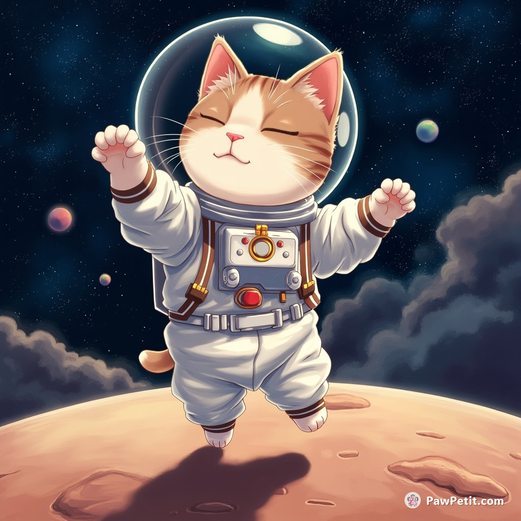 Cat performing a moonwalk dance with an astronaut helmet on Pluto.