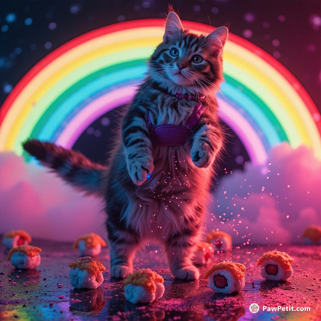 Cat moonwalking through galactic rainbow sprinkling stardust onto dancing sushi rolls.