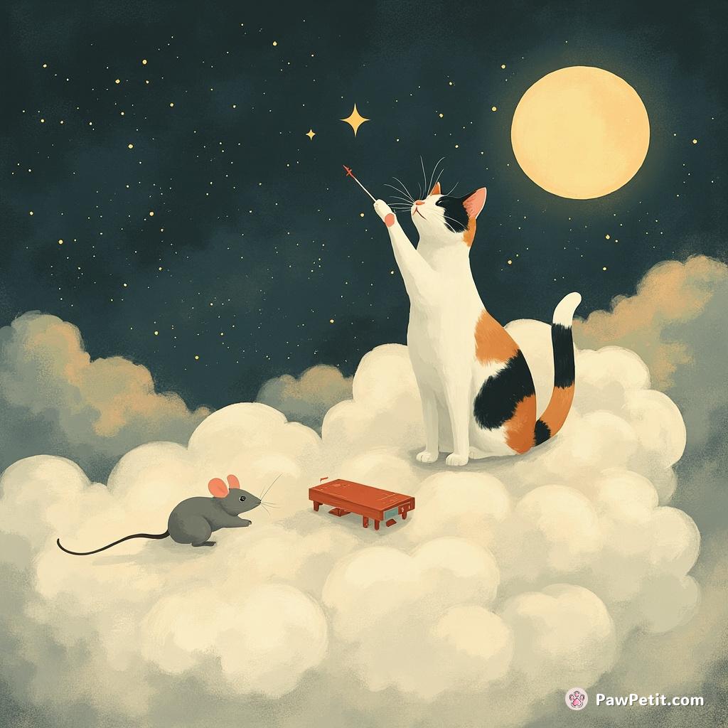 A calico cat conducting a mouse orchestra on top of a fluffy marshmallow cloud in the bright full moonlight.