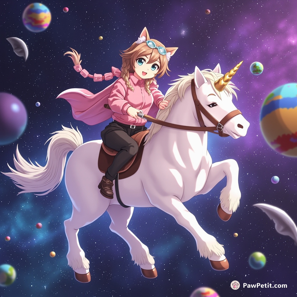 Cat jousting on a unicorn in intergalactic disco space.