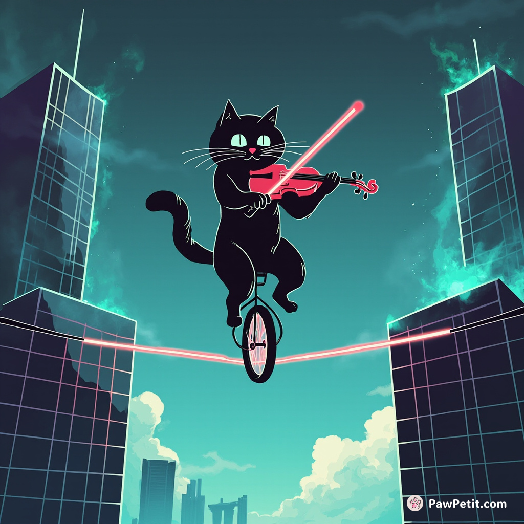 Cat playing a neon violin while riding a unicycle on a tightrope between two alien skyscrapers.