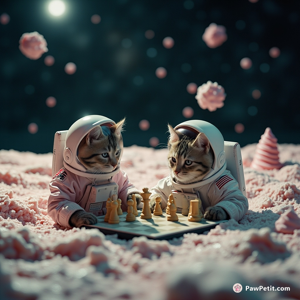Cat in astronaut gear playing cosmic chess with invisible extraterrestrials on an ice-cream moon.