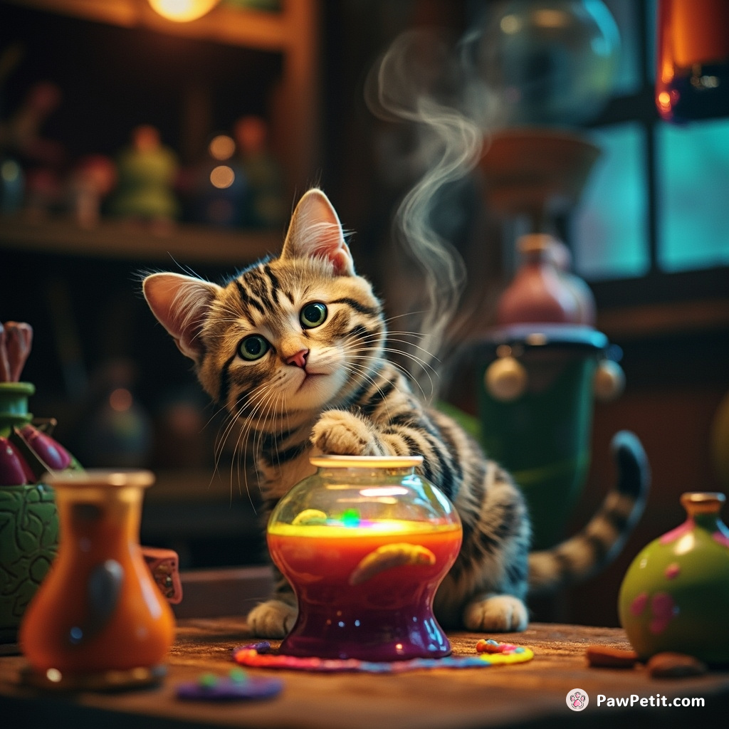 A polka-dotted cat telepathically stirring a rainbow potion with its animated tail in a hidden elf laboratory.