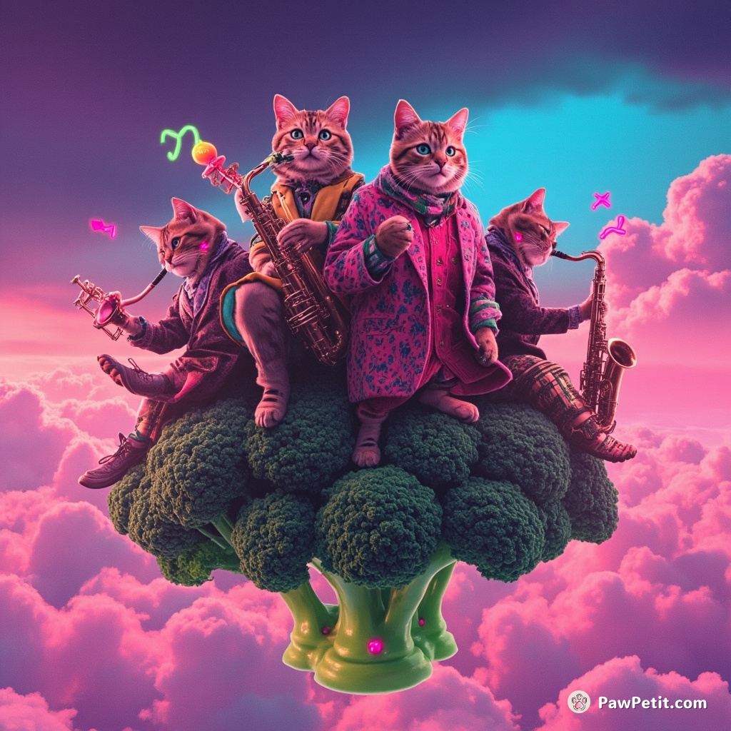 A gang of dapper cyborg cats playing outrageous, gravity-defying jazz music atop a floating broccoli island under cotton candy neon skies.