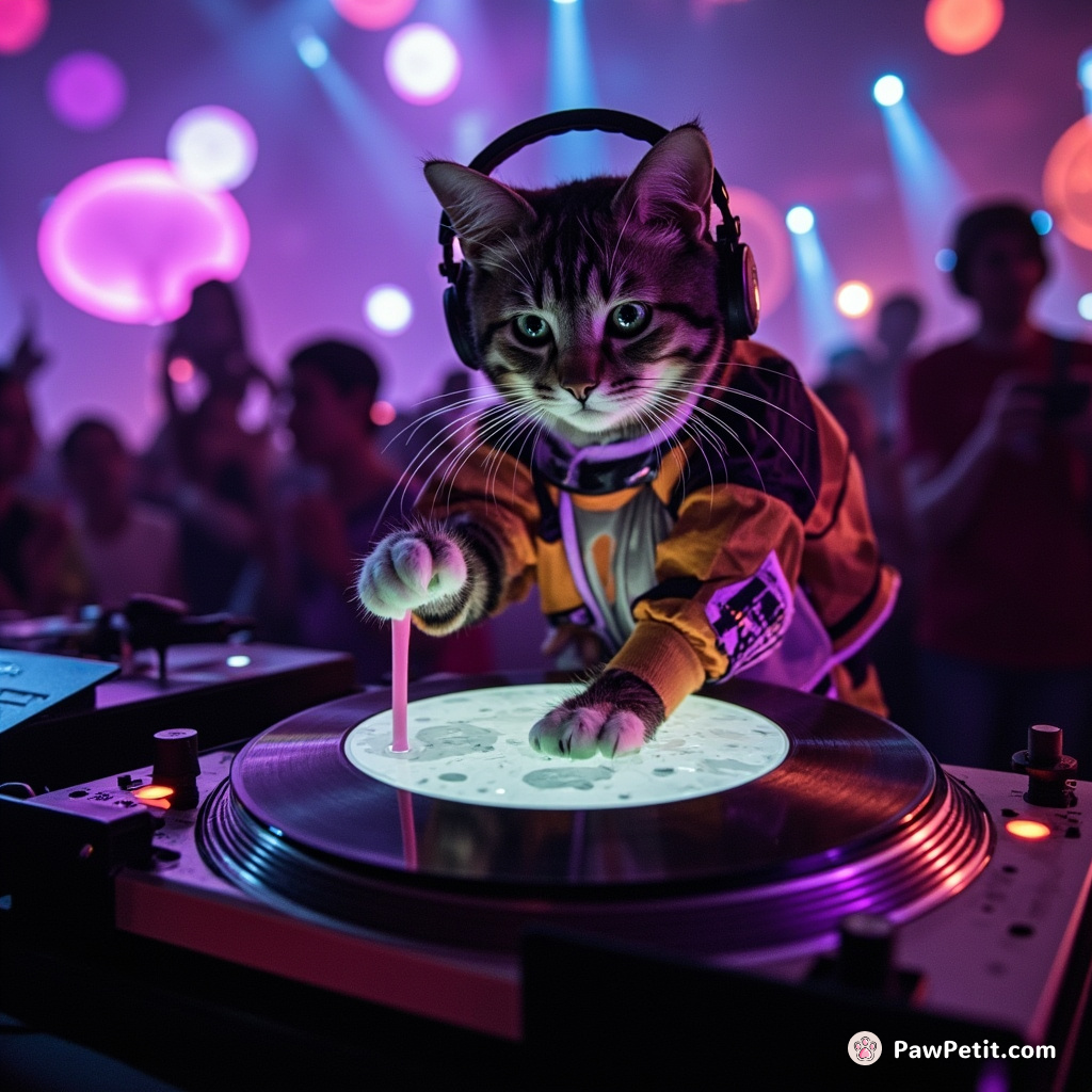 Cybernetic cat DJ playing funky laser tune mix on a cheese moon turntable during cosmic disco festival.