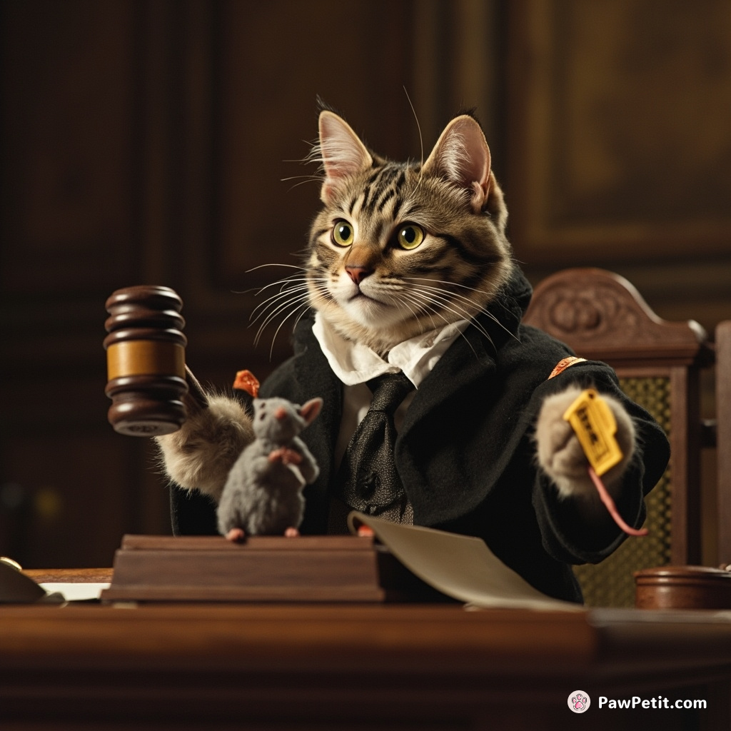 Cat magistrate solemnly banging a mouse toy gavel, declaring "Order in the court!" during bird-wacker murder trial.