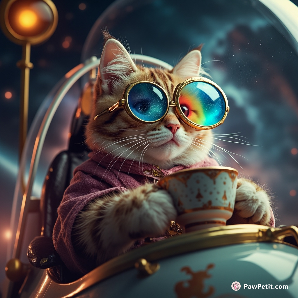 A space-faring feline piloting a donut-shaped spaceship, stargazing through a monocle made of rainbow mist while sipping nebula nectar from an antique teacup.