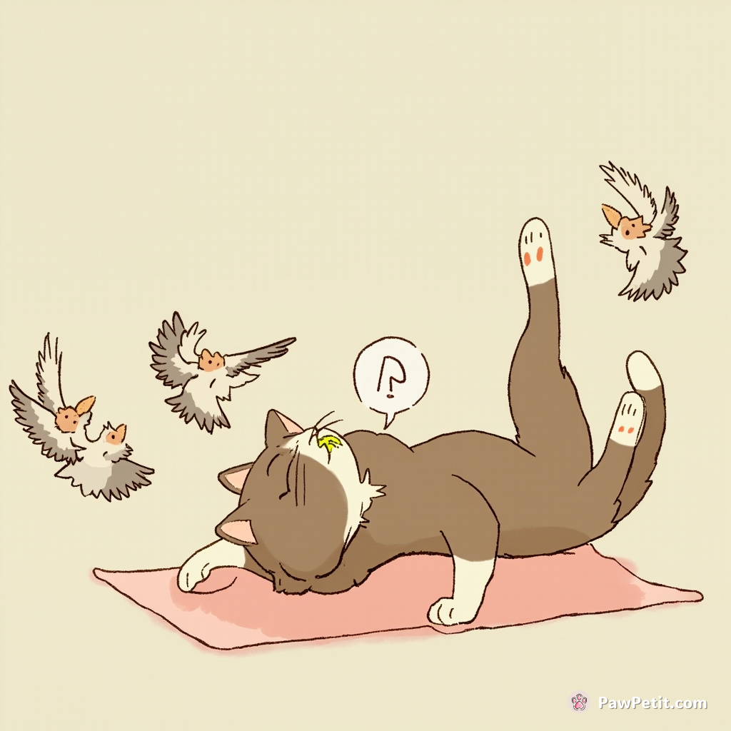 A cat attempts yoga, hilariously toppling into a downward dog, scattering pigeons with an indignant meow.
