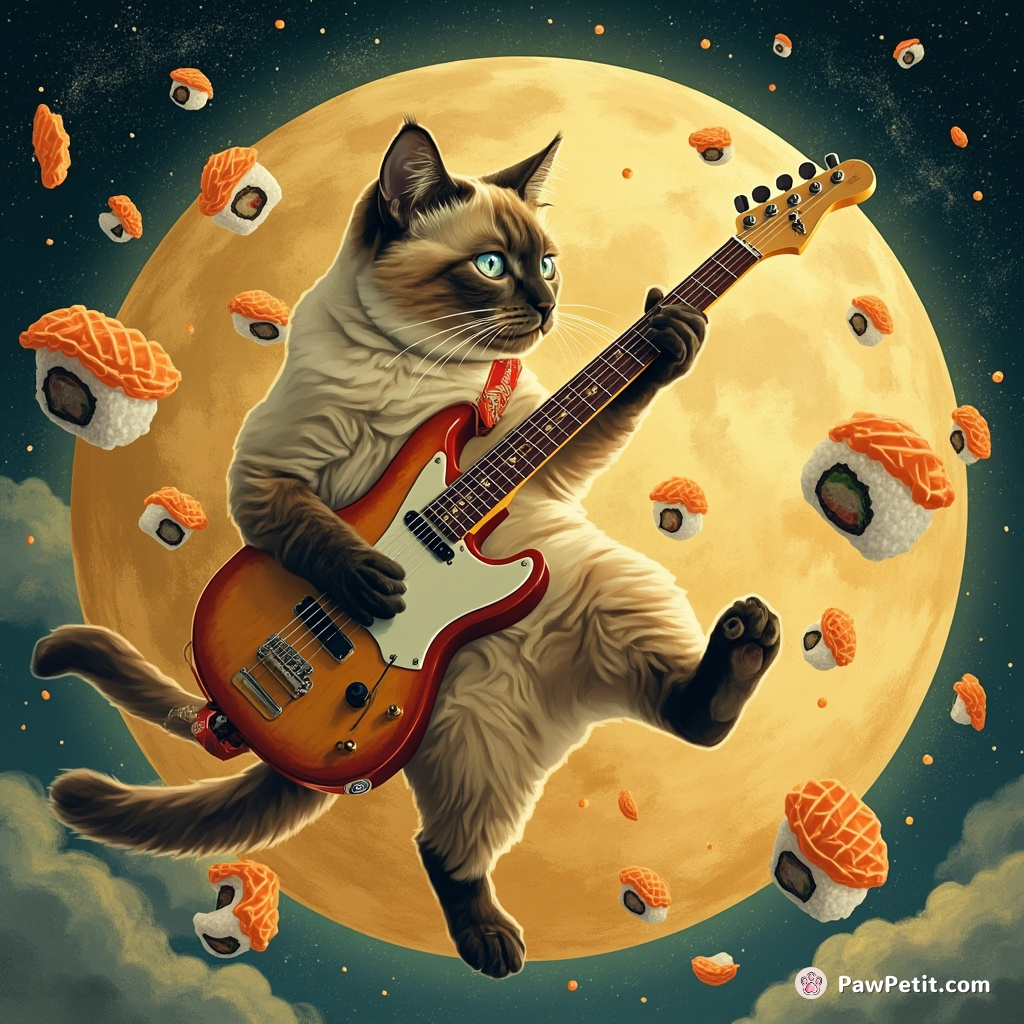 A siamese cat playing an electric guitar on a cheese moon with dancing sushi rolls in the background.