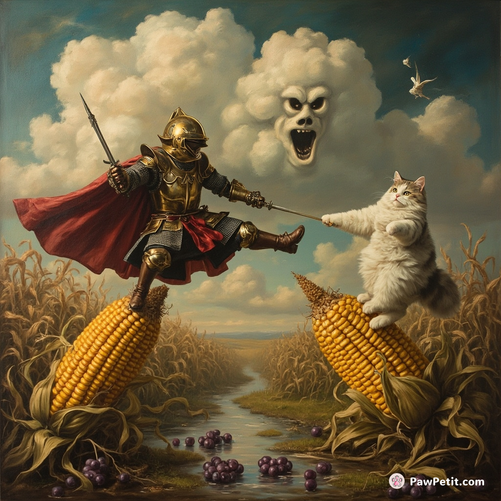 Medieval knight cat jousting a paranormal ghost-cat on giant corn cobs over a river of grape cognac under an angry marshmallow cloud.