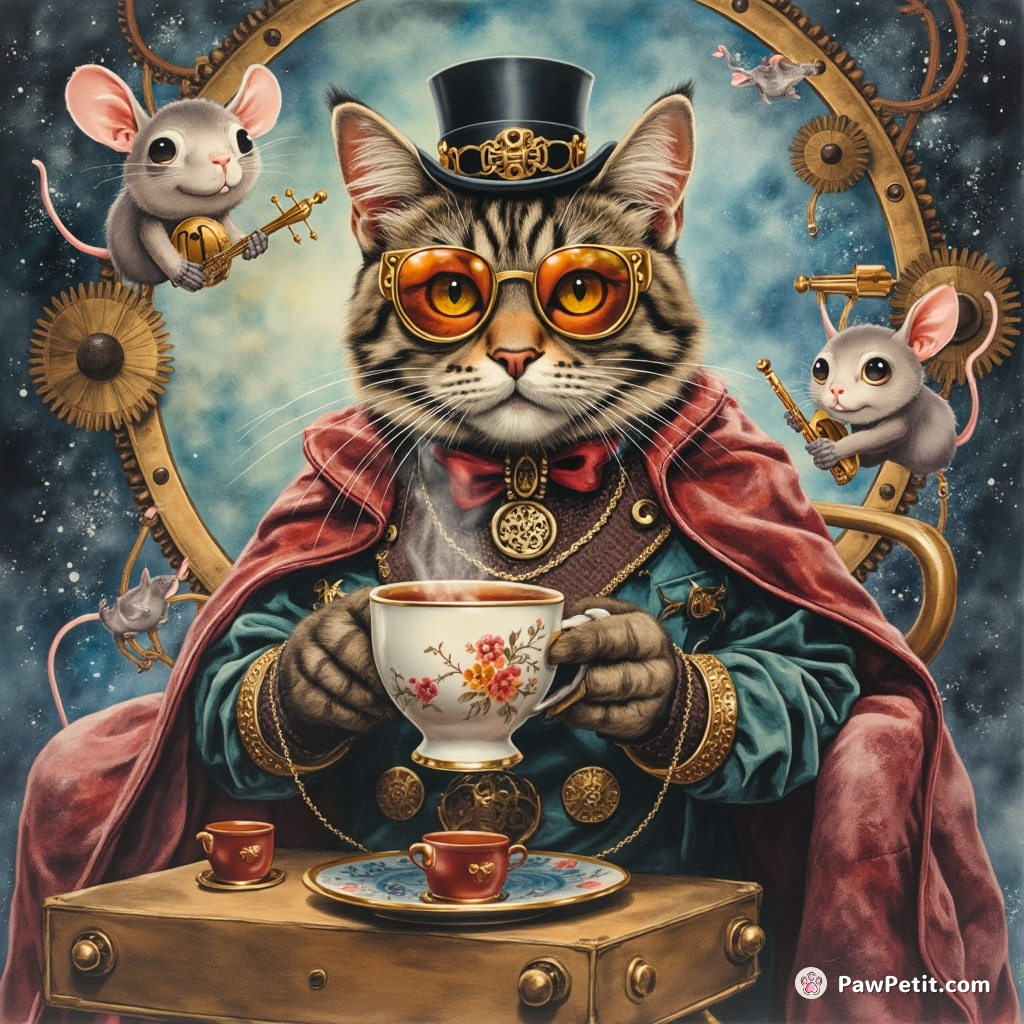 Steampunk royalty cat sipping radioactive tea amidst a robo-mice orchestra inside a clockwork nebula.