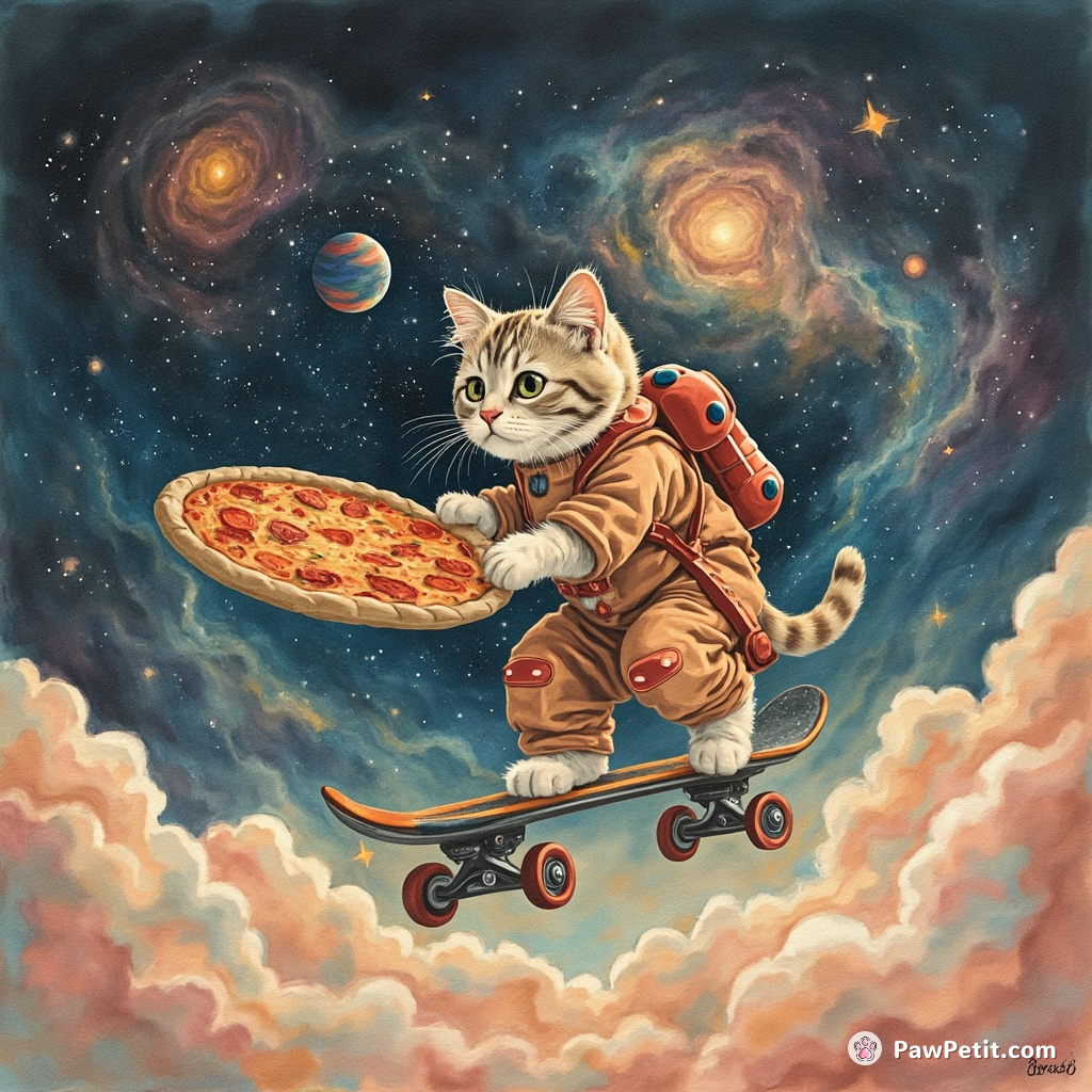 An intergalactic cat using a pizza as a frisbee, playing in a nebula skate park.