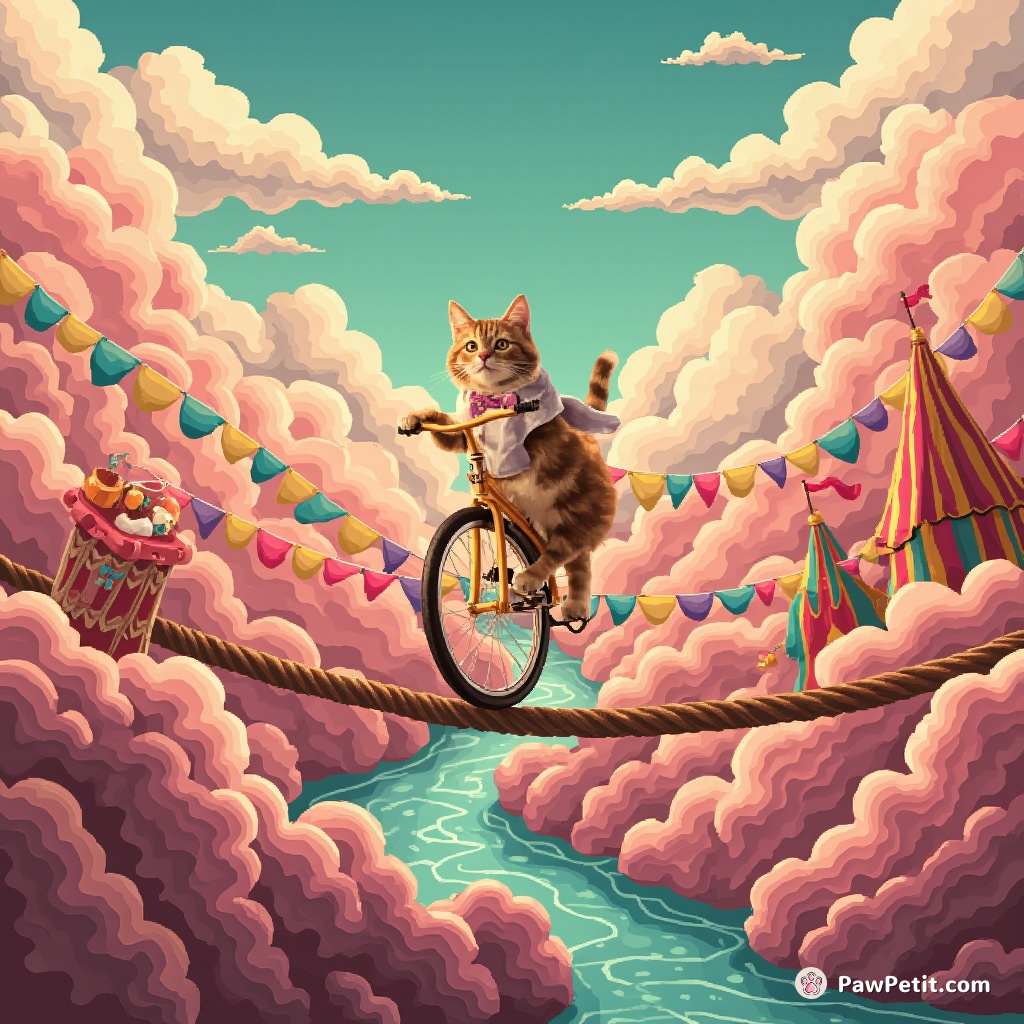 Cat riding a golden unicycle on a tightrope over a chocolate river in a circus made of candy clouds.