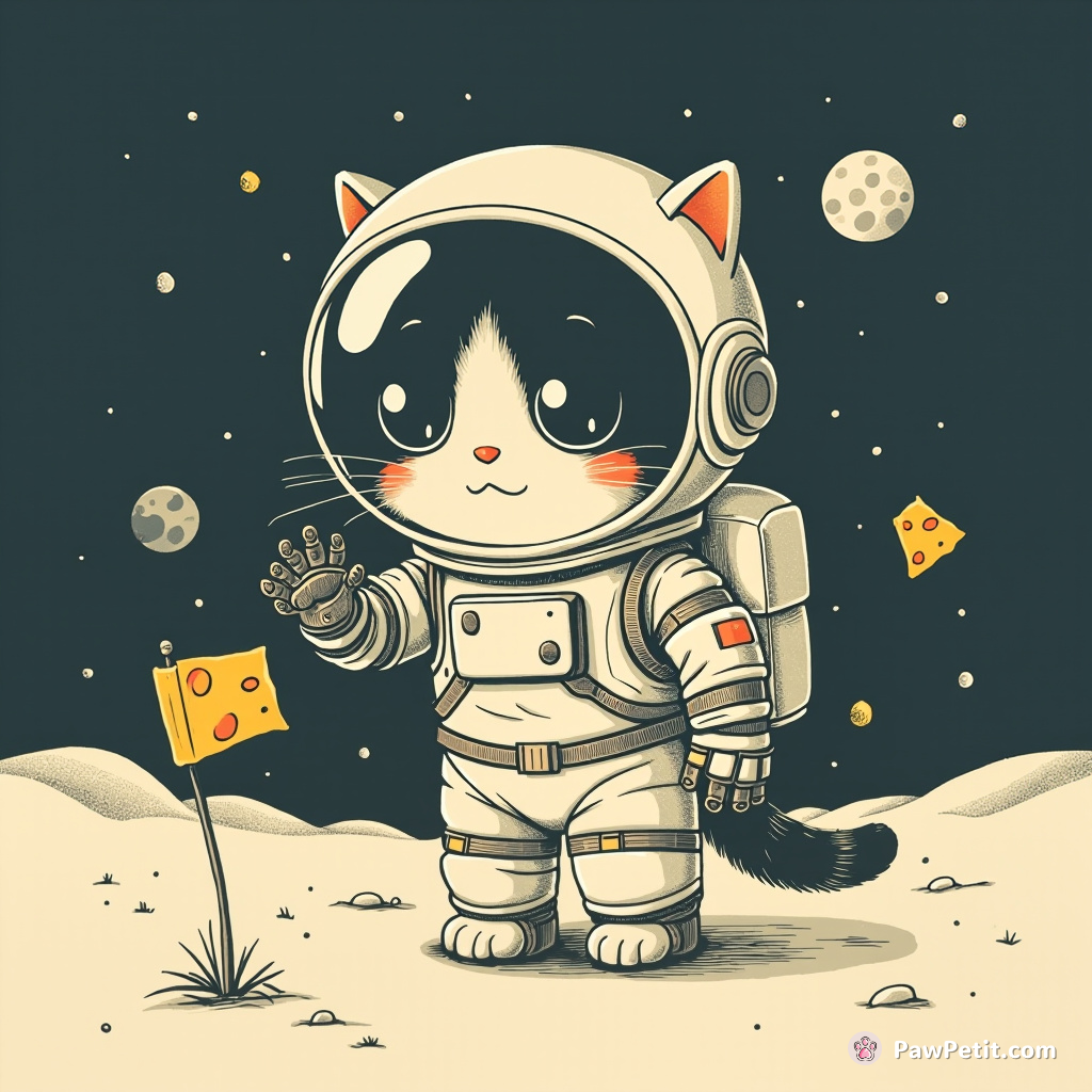 Cybernetic space cat dressed like an astronaut, planting cheese-flavored moon flags with its robotic claw hand.