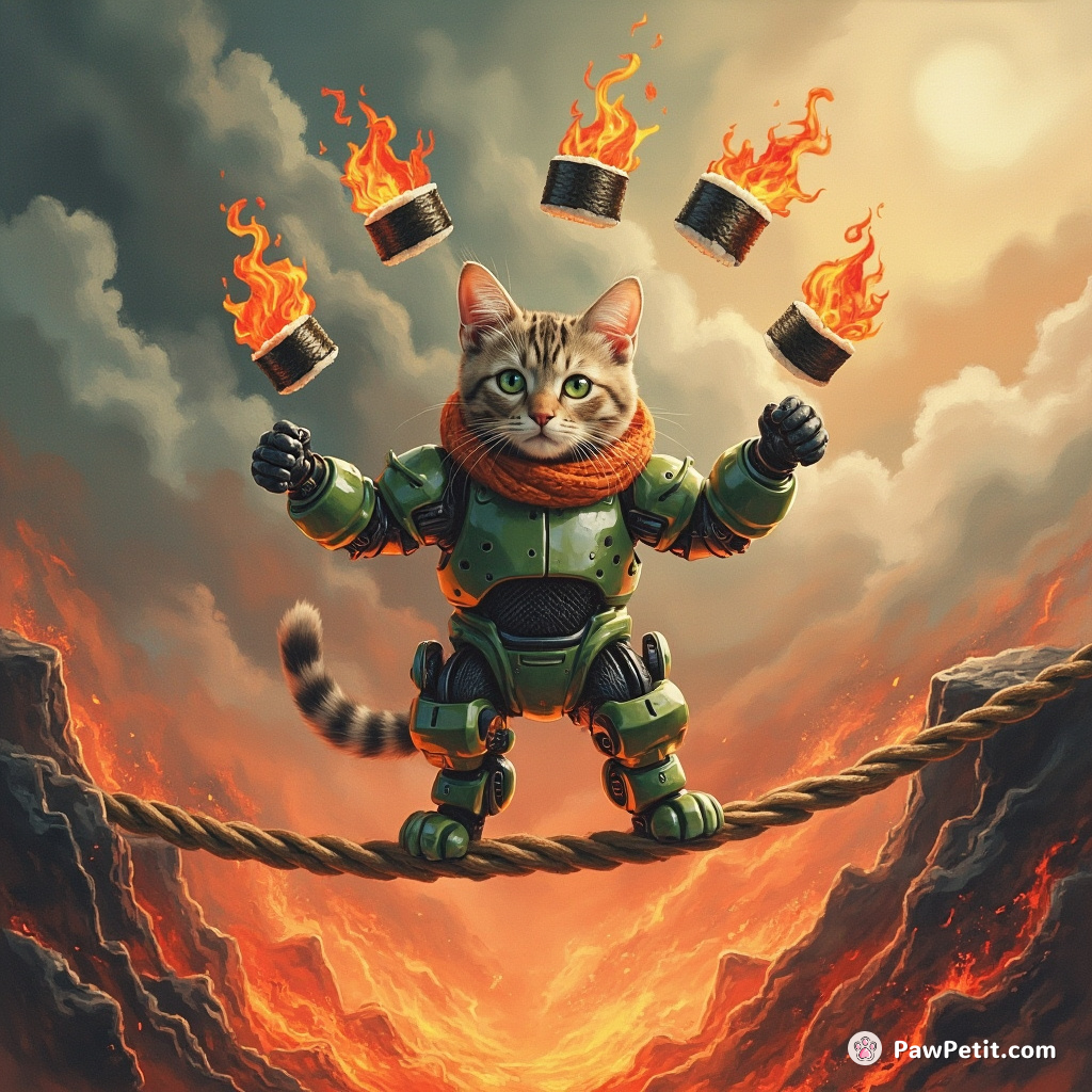 Cyborg cat juggling flaming sushi rolls on a tightrope over a lava-filled crater.