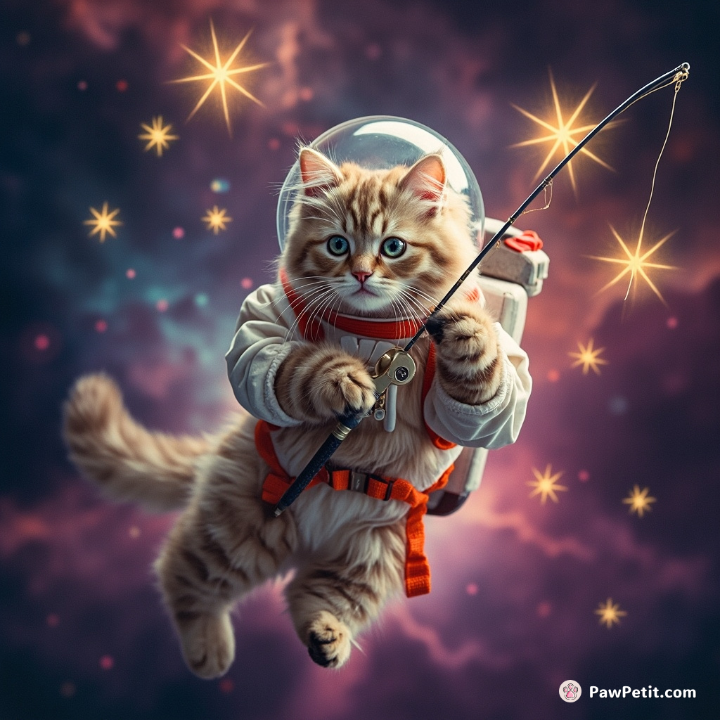 Auspicious astronaut cat floating through a nebula, trying to catch cosmic yarn stars with a sturdy claw-mounted fishing rod.
