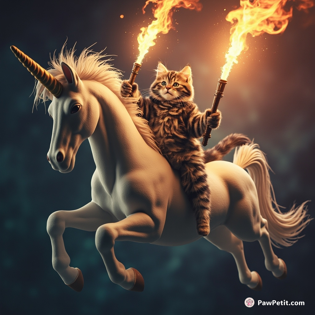 Cat juggling flaming swords on a purple unicorn in space.