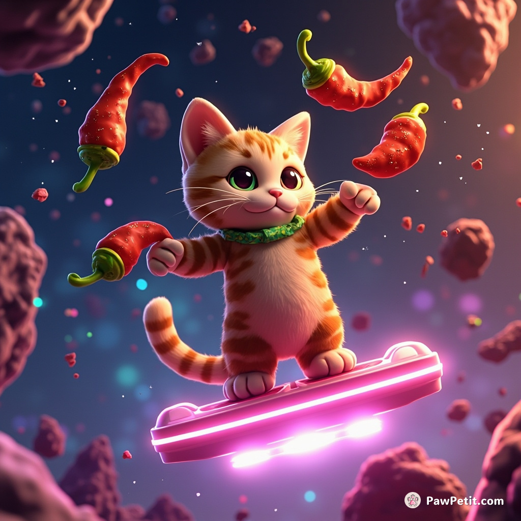 A juggler cat balancing hot pepper salsa on a space hoverboard, flying through an asteroid field glistening with rainbow glitter.